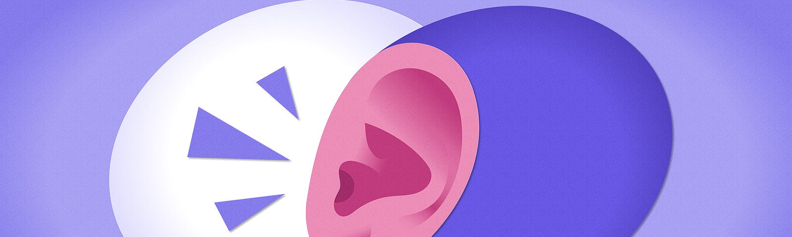 Two speech bubbles cross over each other, a listening ear where they overlap.