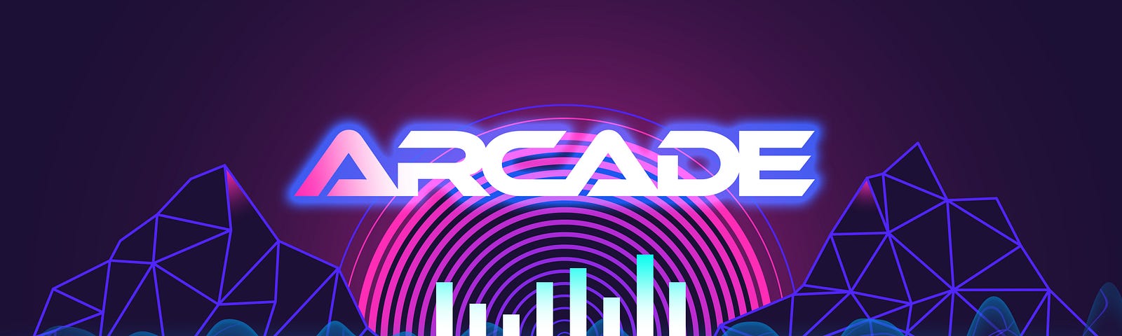 The “Arcade” logo. Arcade is spelled in tron-like font. The letters fade from violet to white. The background is purple with a lighter purple “rainbow” behind the logo. Uneven audio display bars jut up from a neon light blow line at the bottom. On both sides are dark purple video game-y mountains with lighter lines that make the mountains look like they’re made up of triangles.