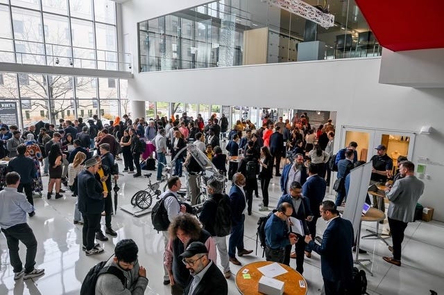 A view of “startup alley” in the MIT media lab