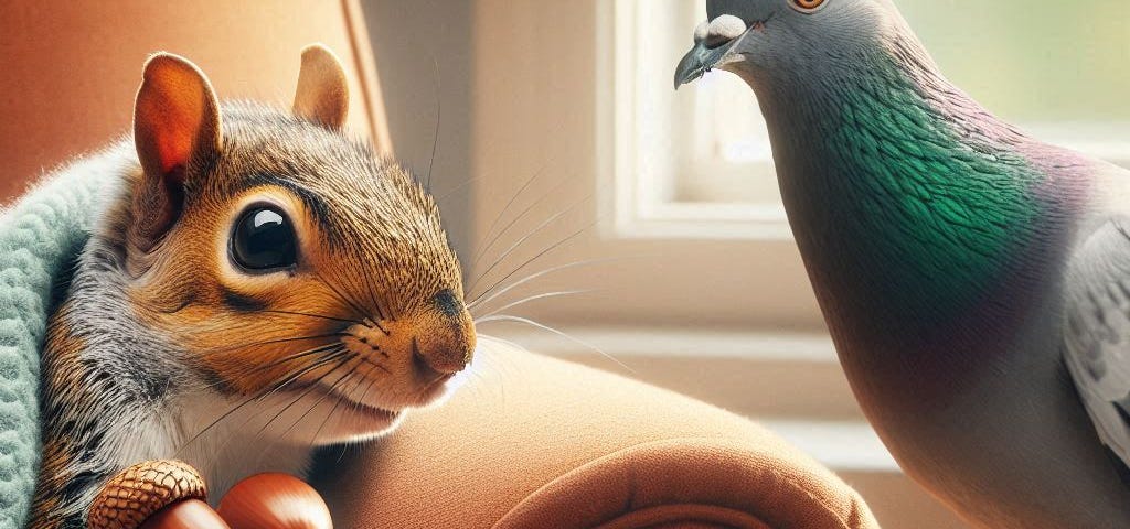 picture of steve the squirrel in therapy on a couch talking to his pigeon psychologist after encounters with a human and a cat