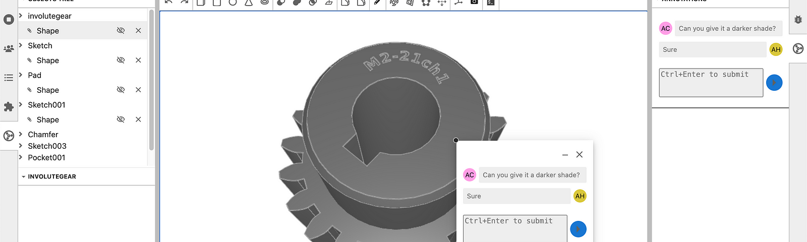 Screenshot of JupyterCAD, showing a model of gear, with an anotation editor opened.