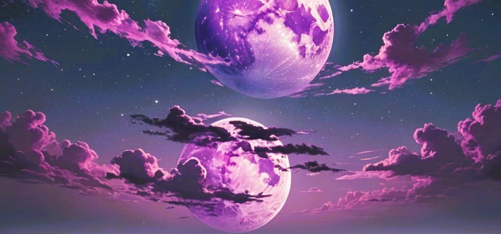 two purple moons reflected in the ocean