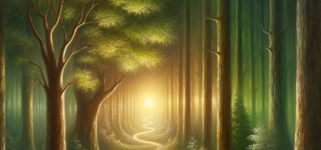 An oil painting depicting a serene pathway through a forest with sun rays symbolizing the exploration of philosophy’s mysteries.