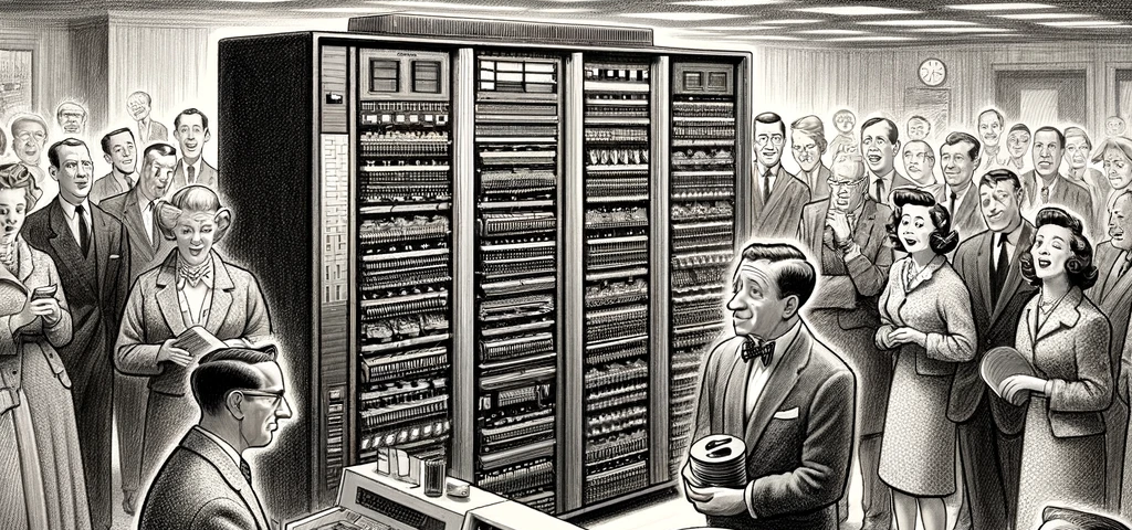 Old style image of a computer room with a man sitting at a teletype machine surrounded by workers worried about AI
