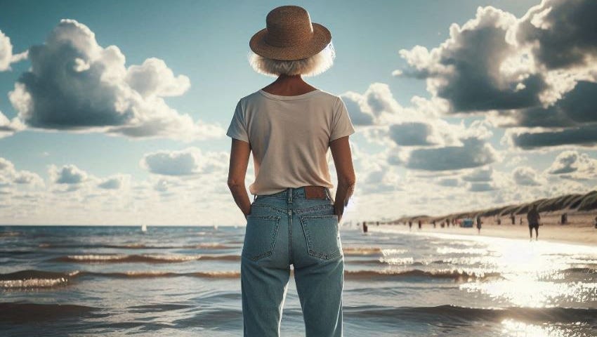 Middle age woman wearing jeans and t-shirt, short white hair, sun hat, standing at eater’s edge of a sea, water is covering her feet, blue sky, fluffy clouds, late afternoon sun