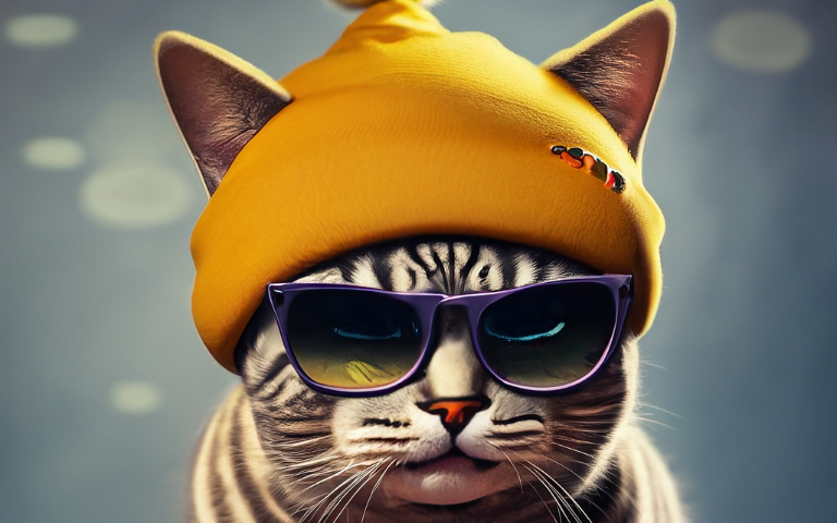 Ultra HD, Cat wearing a yellow beanie wearing sunglasses, eating a hamburger, modelling in a studio