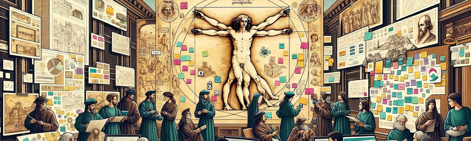 A dynamic scene blends Renaissance and modern elements, centered around the Vitruvian Man with individuals in mixed attire using both ancient tools and digital devices in a workshop setting.