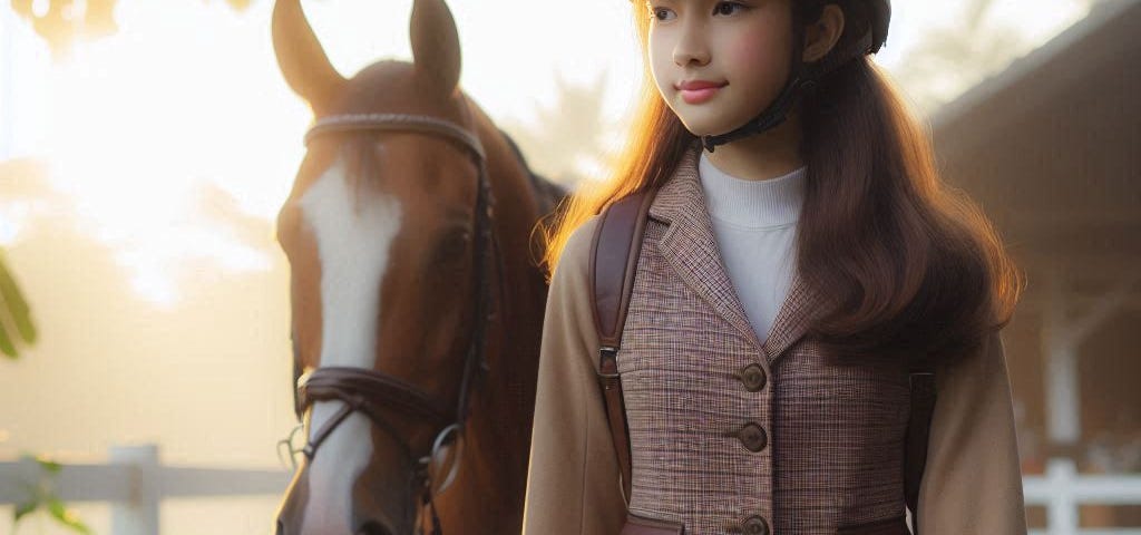 a realistic image of an asian teenage girl in riding attire leading her horse to the paddock in the morning