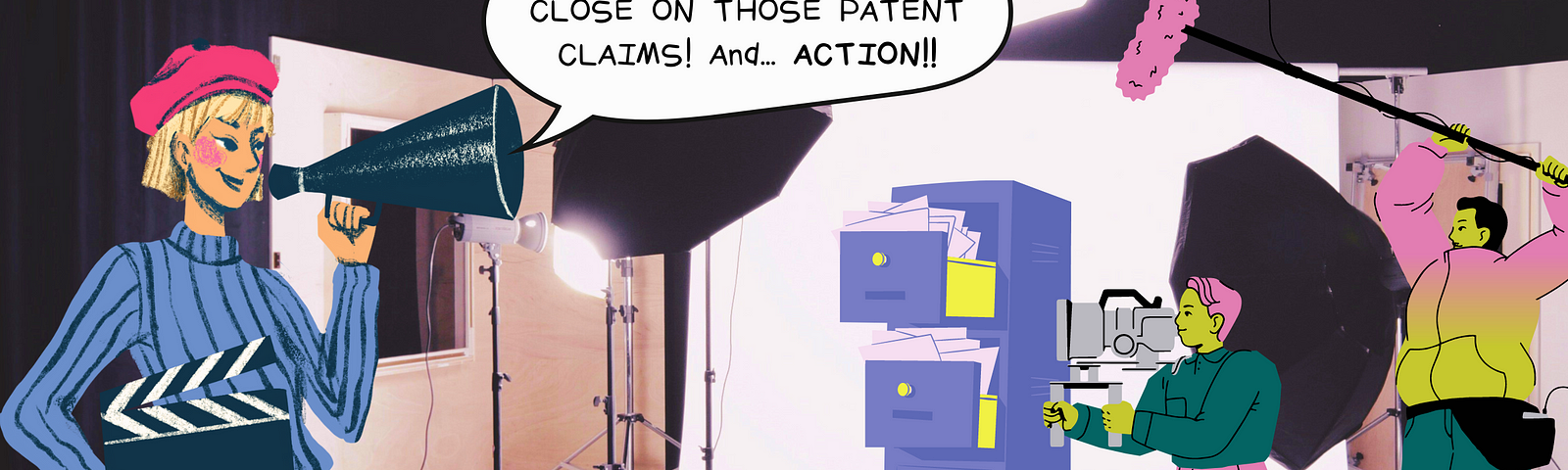 A film director on set tells her crew to “Pull in nice and close on those patent claims! And… action!!!” The crew is filming a tall filing cabinet stuffed with patents.