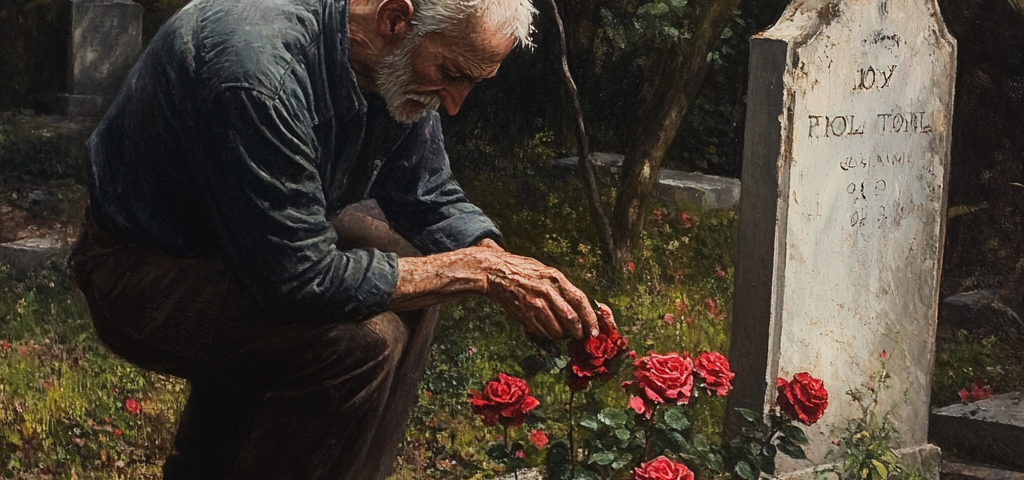 image of an old man tending a rose bush at a gravesite