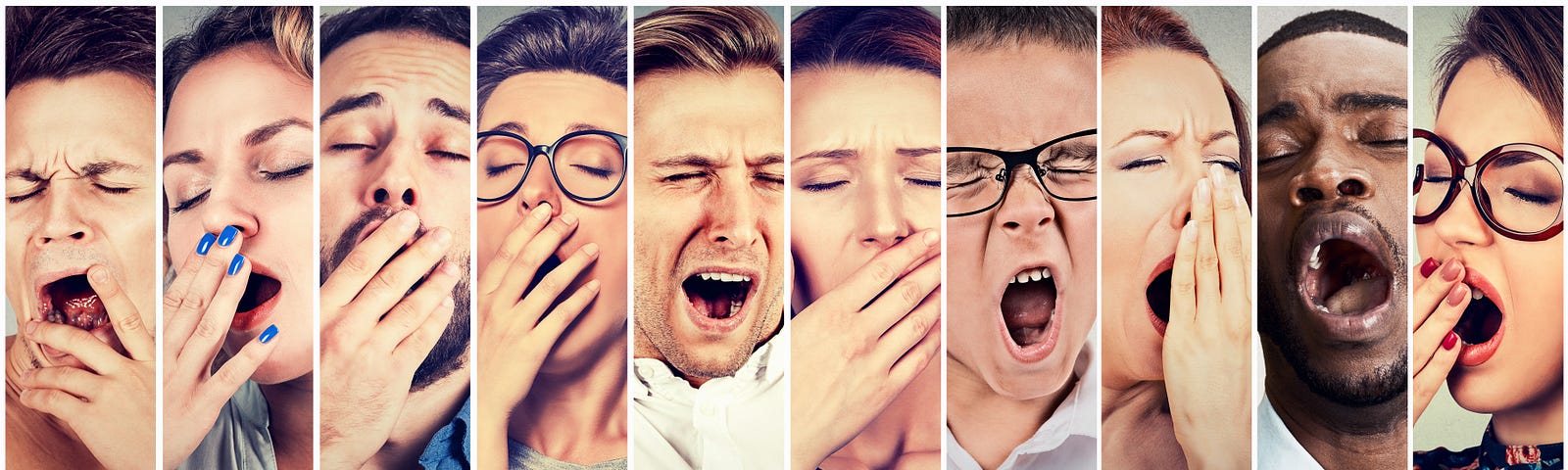 A horizontal montage of individuals yawning.