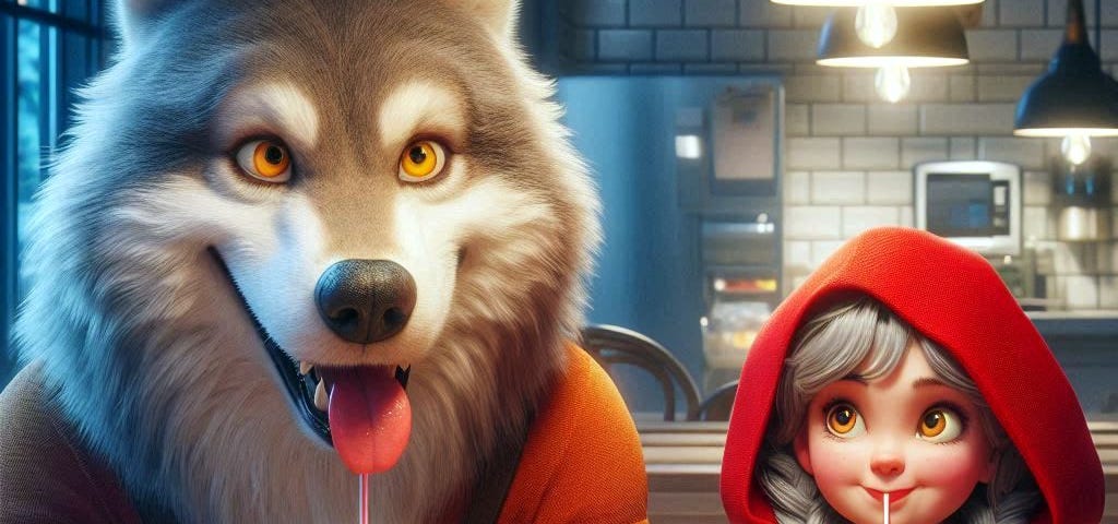 The wolf and Little Red Riding Hood, sitting in a fast-food restaurant, eating hamburgers and pommes