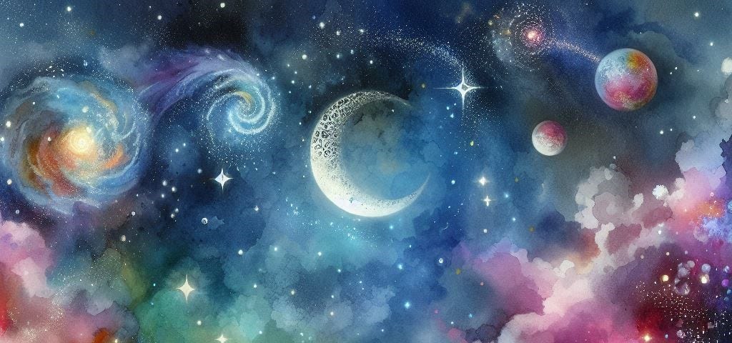 Image of Galaxy, Night, Moon and Twinkling Stars, and a Mystical Colorful Vision Around.