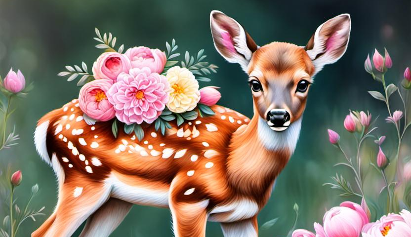 Baby deer with peonies- ai artwork.