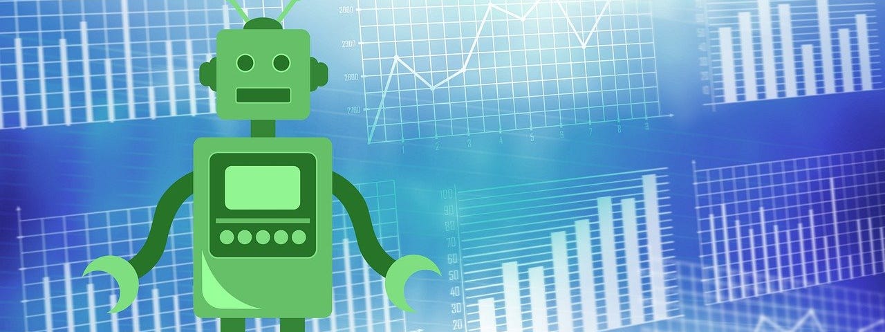 IMAGE: A green robot on a blue background filled with financial charts