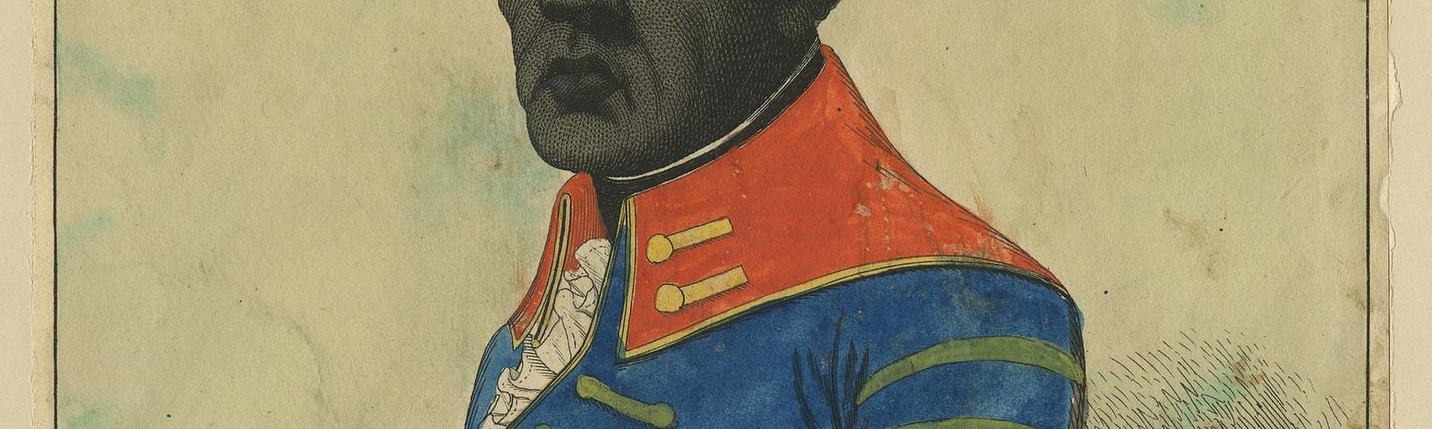 Coloured illustration of Toussaint Louverture, Governor of St. Domingo, wearing a blue and red military jacket.