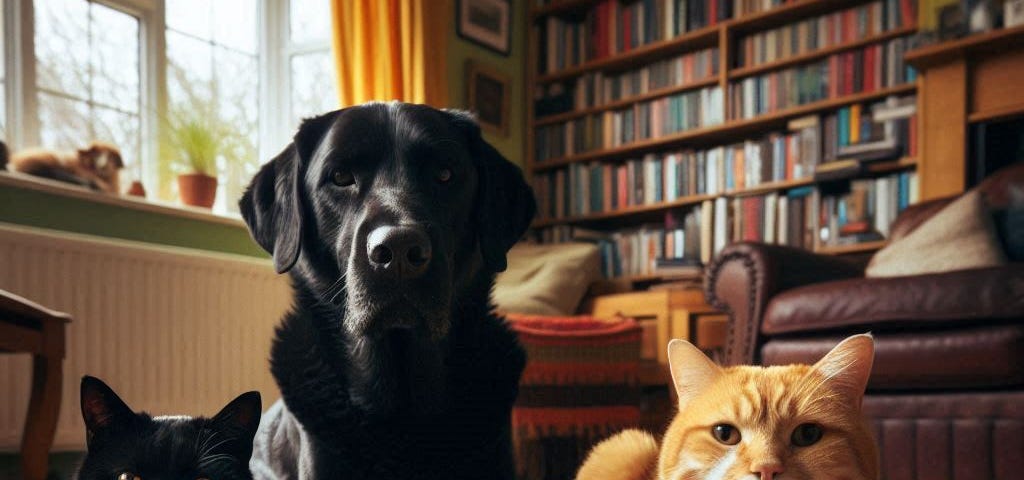 AI Image of a black cat, a black lab and an orange/white cat. Books and a large window in the background