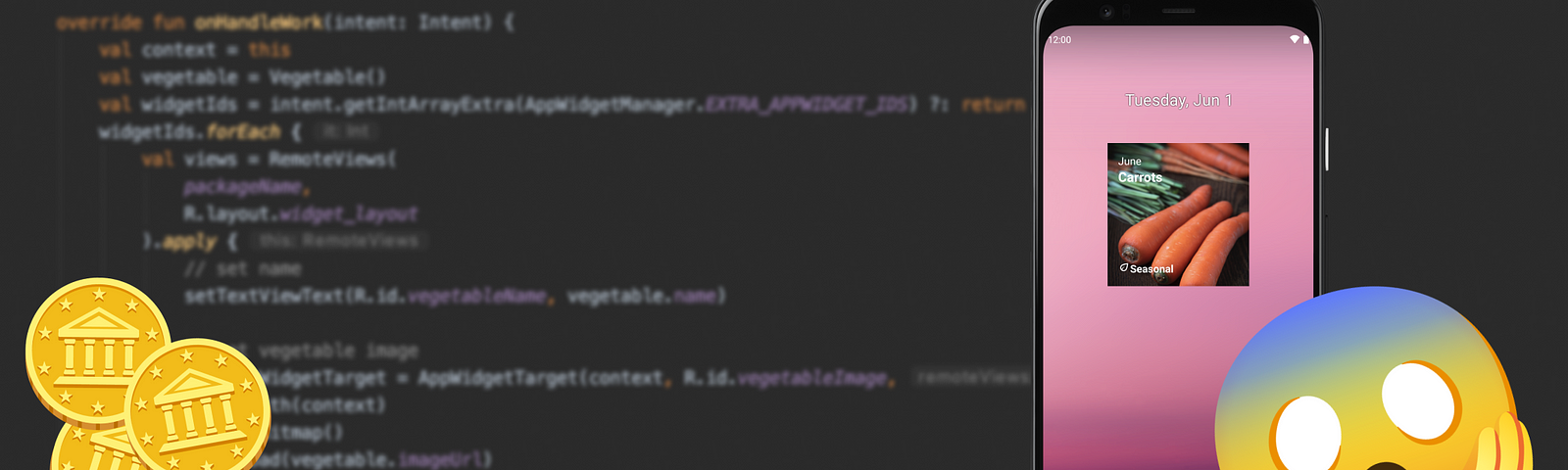 A descriptive article image showing a blurred IDE, coins, a smartphone with an installed Home screen widget and a screaming emoji