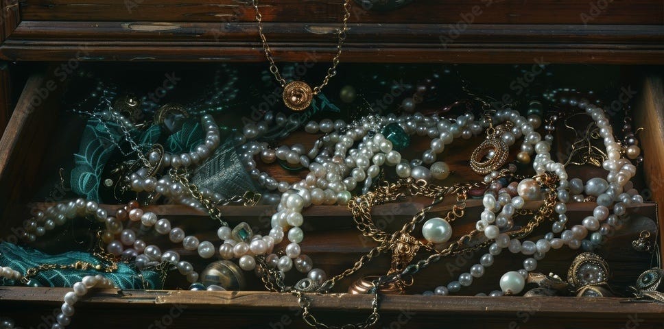 An antique drawer filled with tangled jewelry.