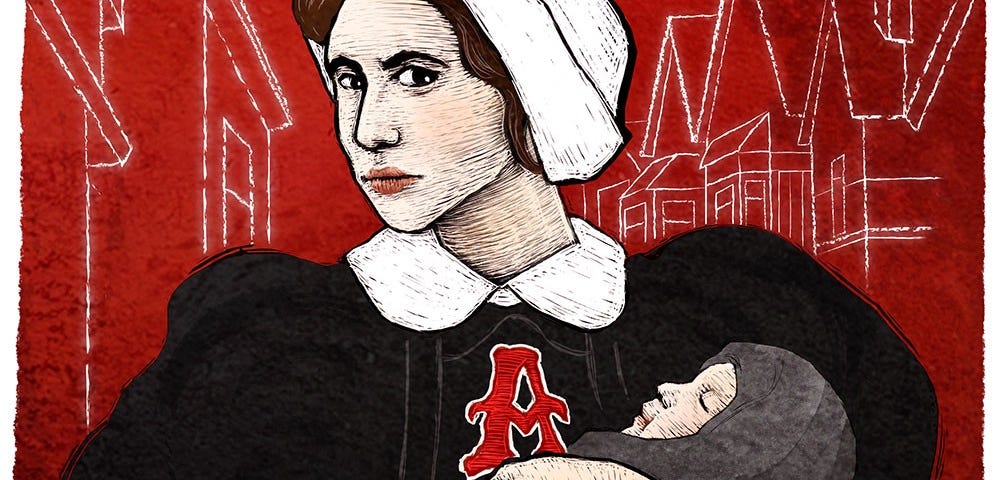 Graphic illustration of puritan woman with Red A on chest holding baby.