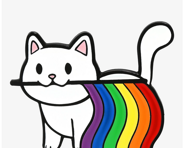 a pin of a white cat holding the rainbow flag in its mouth