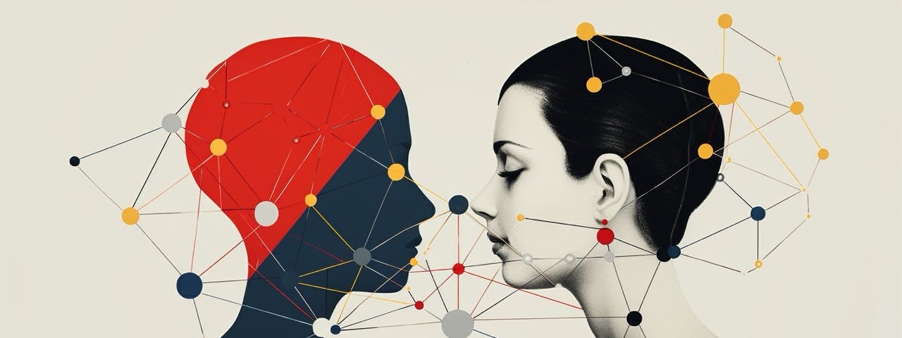 Two heads facing each other overlayed with a mesh of connected dots.