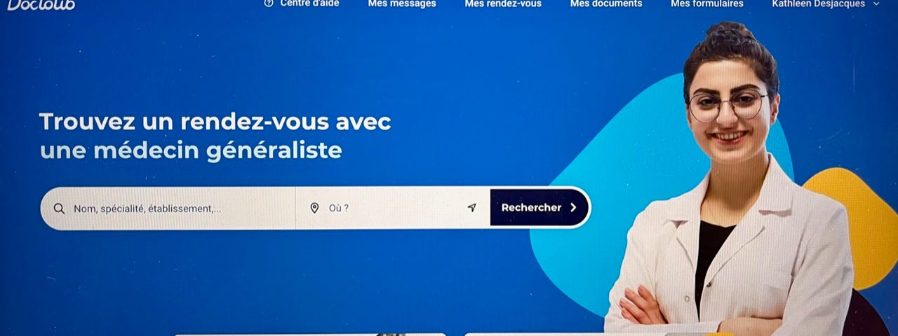 Opening page for Doctolib, an online service that schedules medical appointments in France.