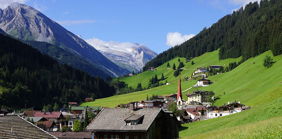A typical alpine village in the Tuxertal valley of Tyrol, Austria, Author FkMohr, this file is licensed under the Creative Commons Attribution-Share Alike 3.0 Germany license. File:Lanersbach.jpg — Wikimedia Commons