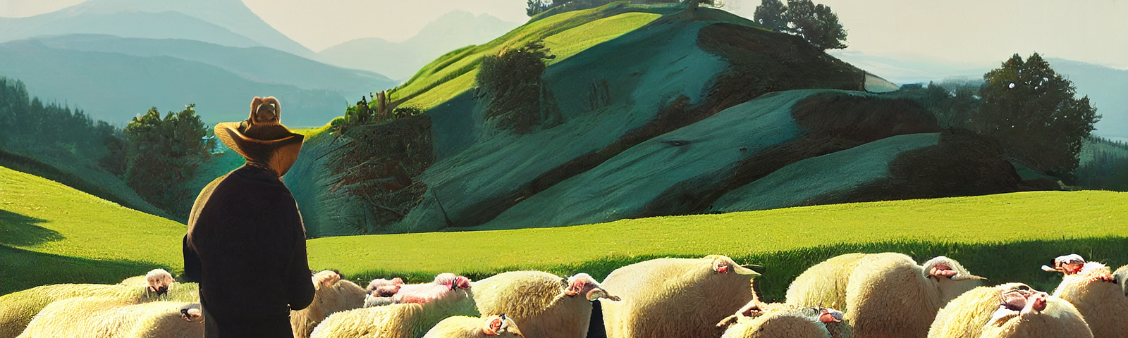 Painting of a farmer on a hillside with a flock of sheep.