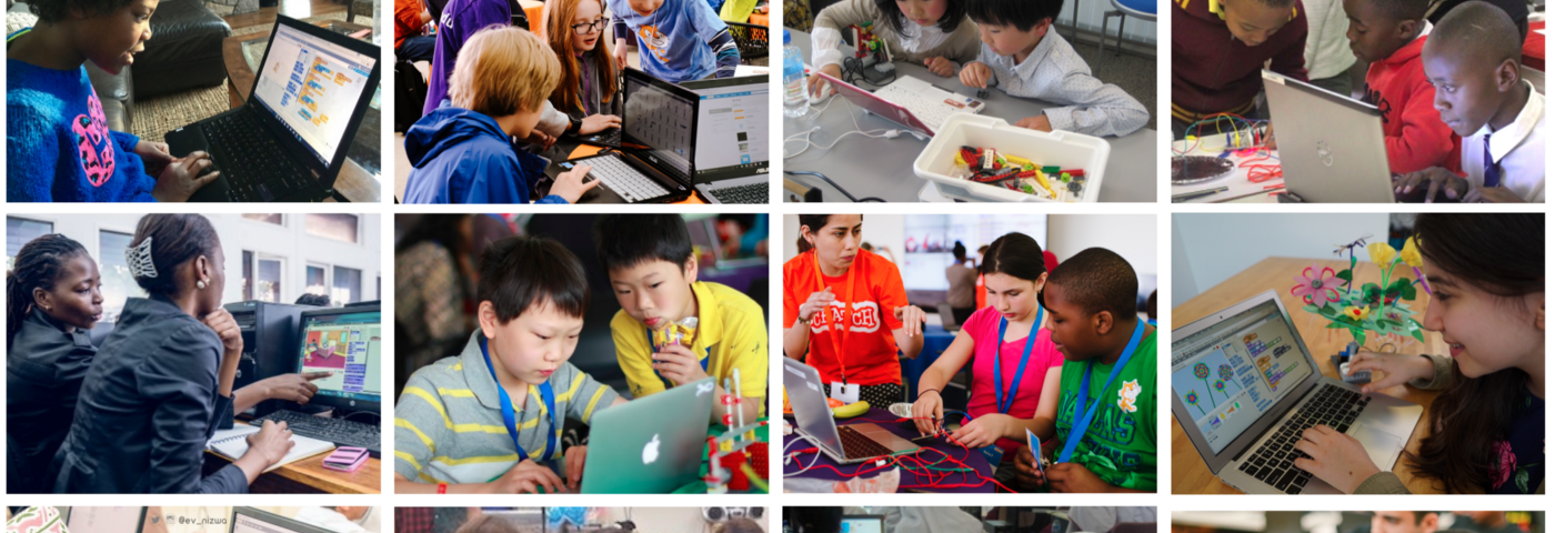 12 different images of children of various ethnicities and genders working on laptops.