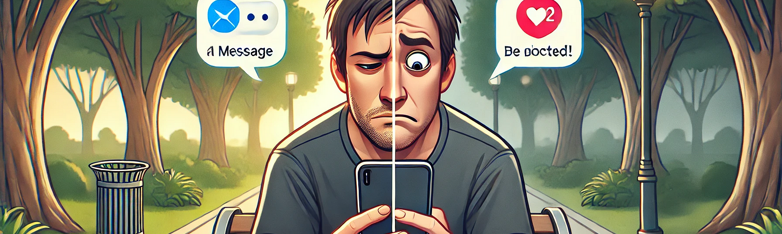 Image of a person looking at their phone with mixed emotions. The scene should reflect the complexity of receiving a message versus being ghosted