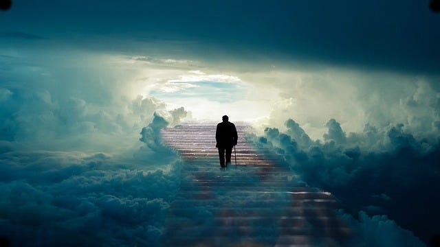 Man climbing a stairway into the clouds, a literal stairway to heaven. Harlow Journey article about Death.
