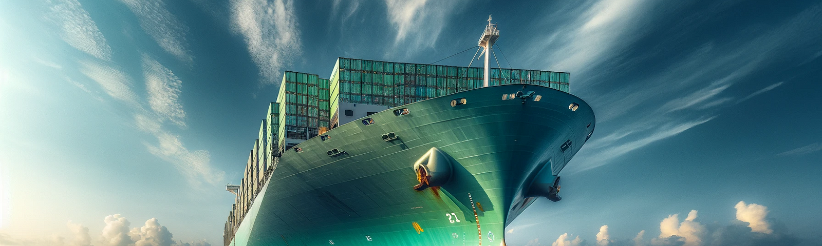 ChatGPT & DALL-E generated panoramic image of a large container ship at sea, featuring a unique paint job with the bow painted in vibrant green and the rest of the ship in traditional steel-gray.