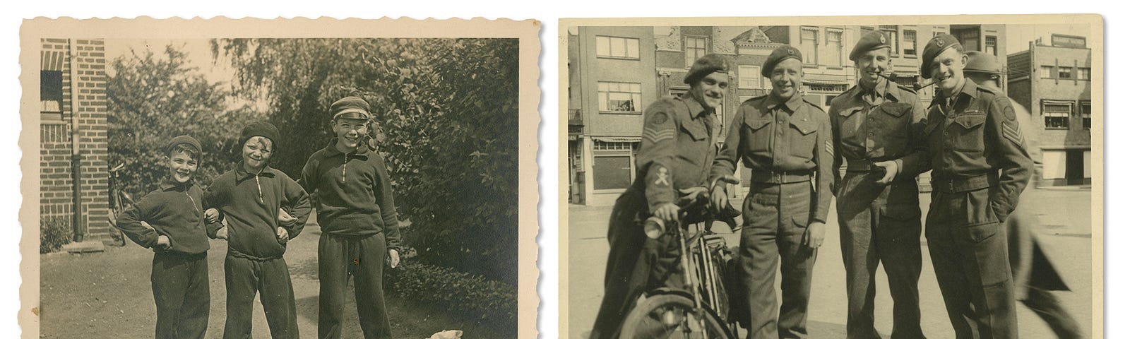 In the photo on the left, three smiling young boys pose outdoors. They are wearing matching 1/4-zip sweaters and baggy pants. In the photo on the right, four men wearing military uniforms and berets pose with a motorcycle in front of a row of narrow buildings.