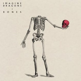 Imagine Dragons “Bones” single cover art; white skeleton holding its red skull outwards in its left hand, band and single name in top left corner