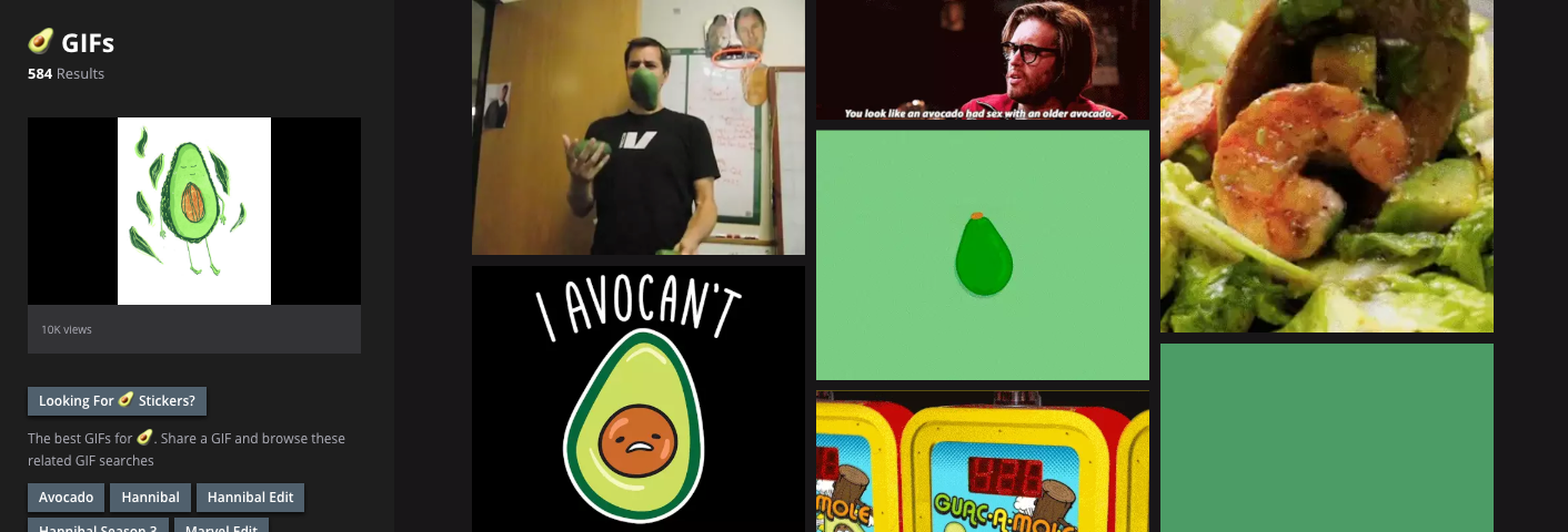 GIF search results for the avocado emoji.