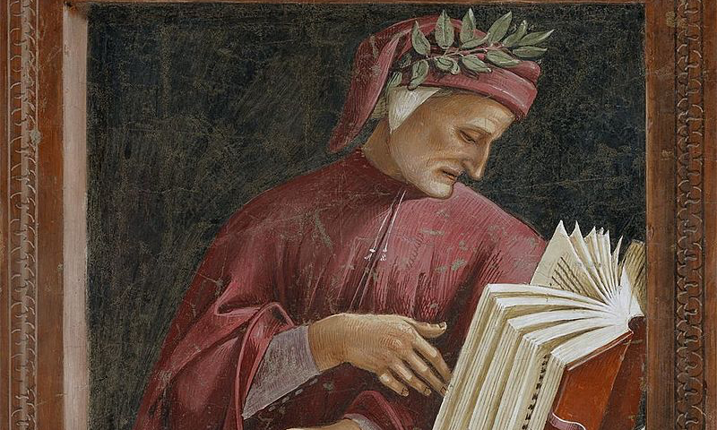 A detail of a painting of Dante Alighieri, depicting him reading from a book while another is spread before him; by Luca Signorelli.