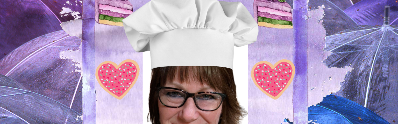 woman in chef’s hat, with desserts around her face
