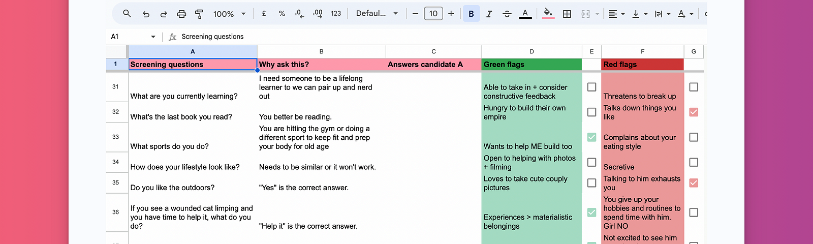 Dating Decoder Template Google Sheets Free Template main tab overview with example questions and green vs red flags ratio