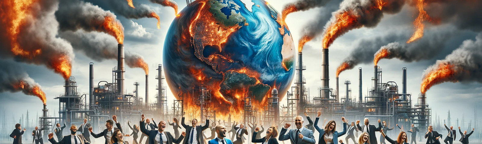 ChatGPT & DALL-E generated panoramic image depicting oil and gas business people dancing joyously on a representation of a burning world.