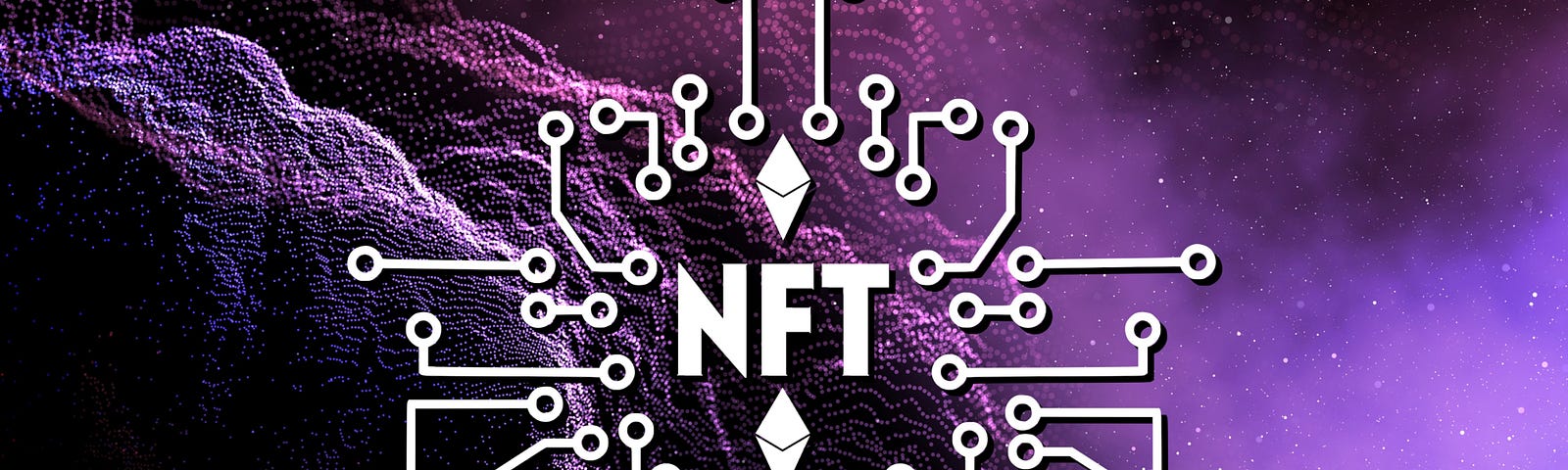 A predominantly purple and violet color scheme, with varying gradients and shades creating depth and visual interest. The image has a strong central focus due to the large, bold “NFT” text and the Ethereum logo above and below it. A digital artwork that represents the concept of NFTs (Non-Fungible Tokens).