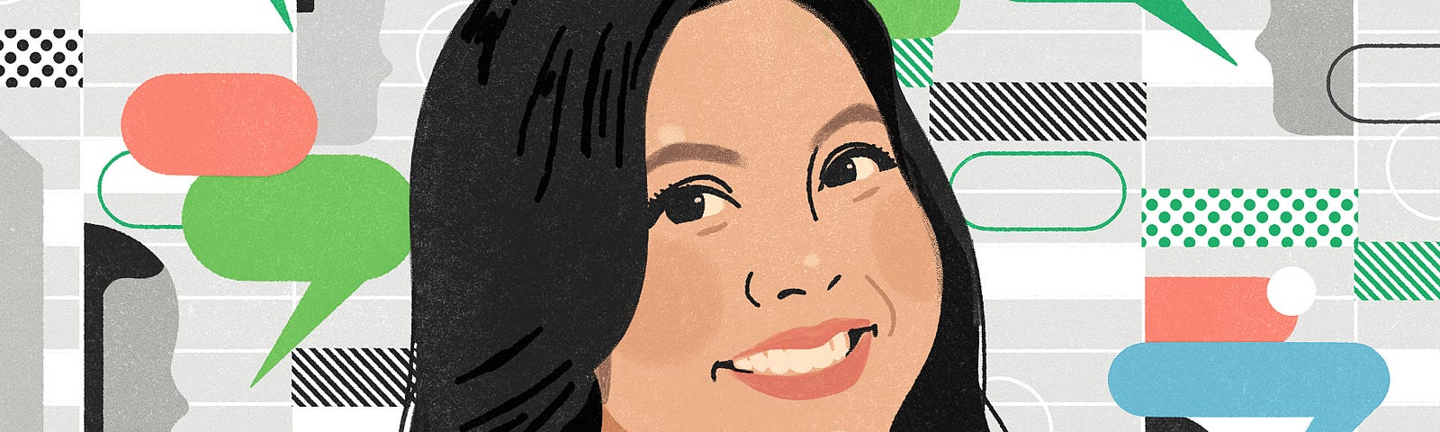A digital illustration of an Asian woman with long dark hair and wearing a white blouse. She’s centered on a grey and white (spreadsheet-like) background, with randomly placed, grey-and-black stylized profiles of people, alongside speech bubbles in shades of green, peach, and blue.