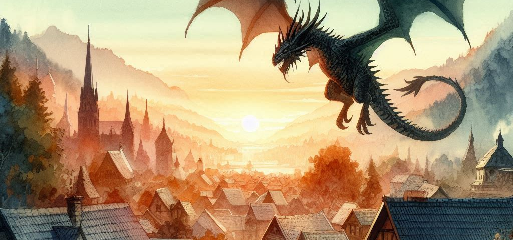 A dragon flying over a quaint village.