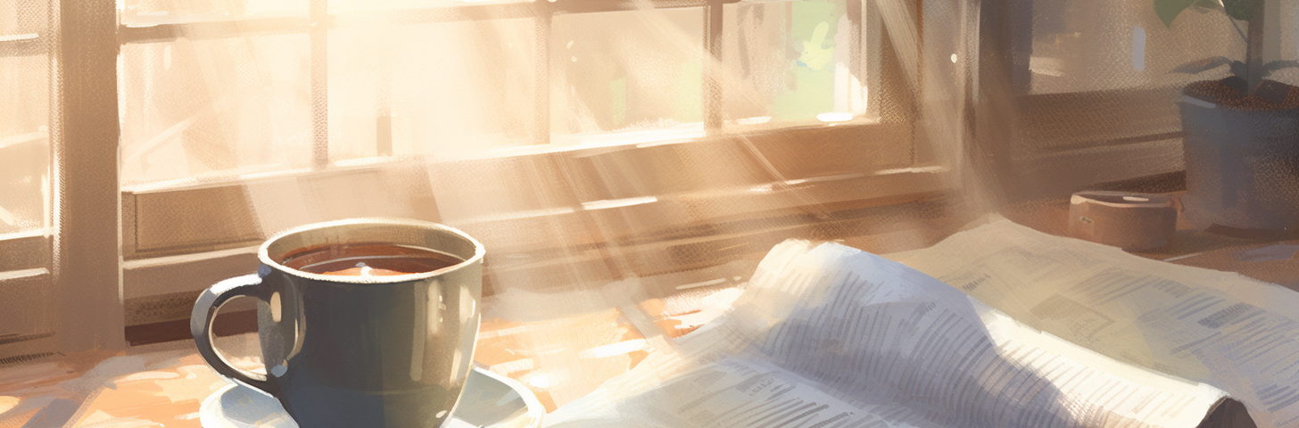 Watercolor of steaming mug of coffee next to a newspaper, sunlight streaming through window, morning.