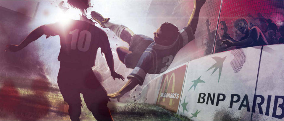 A soccer player decapitates a zombie with a scissor kicks while zombies are seen in the public.