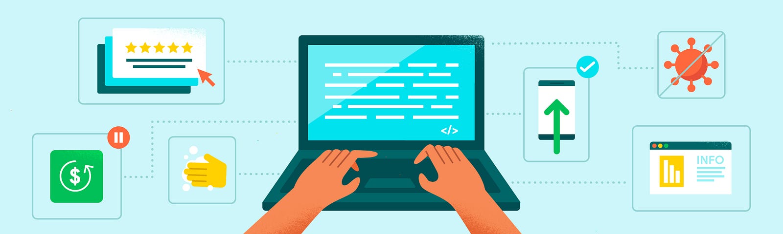 Illustration of a person’s hands typing on a laptop with tech symbols surrounding it.