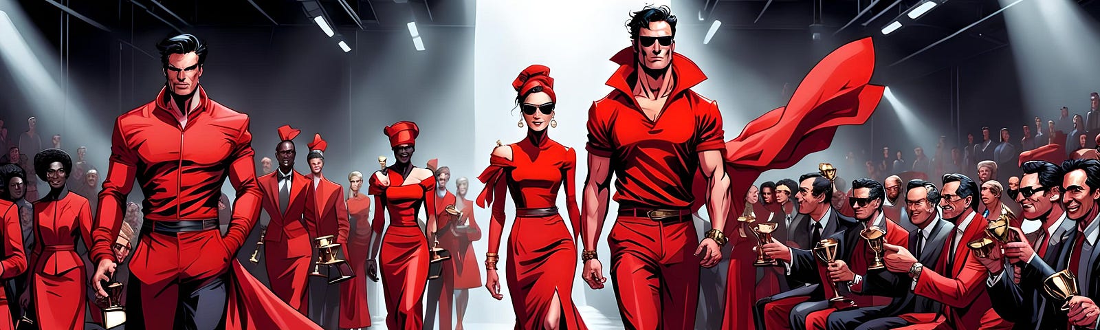 People dressed in red on the catwalk