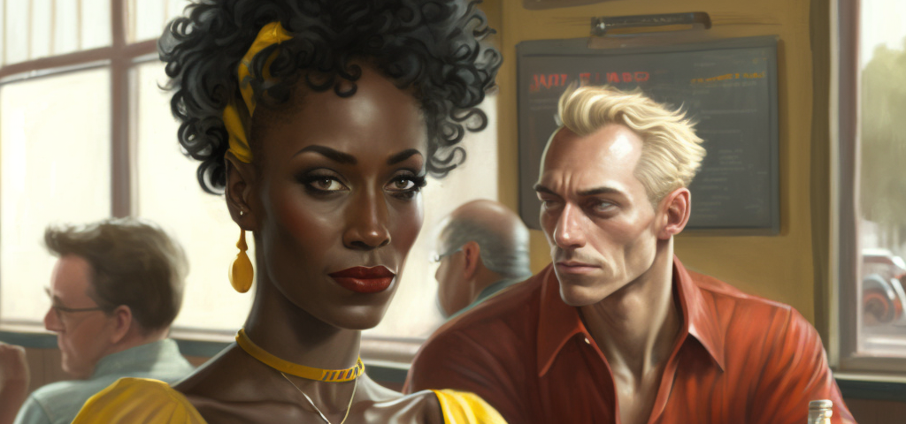 Black woman in yellow dress sitting at a table in a diner with a muscular while man in a red shirt.