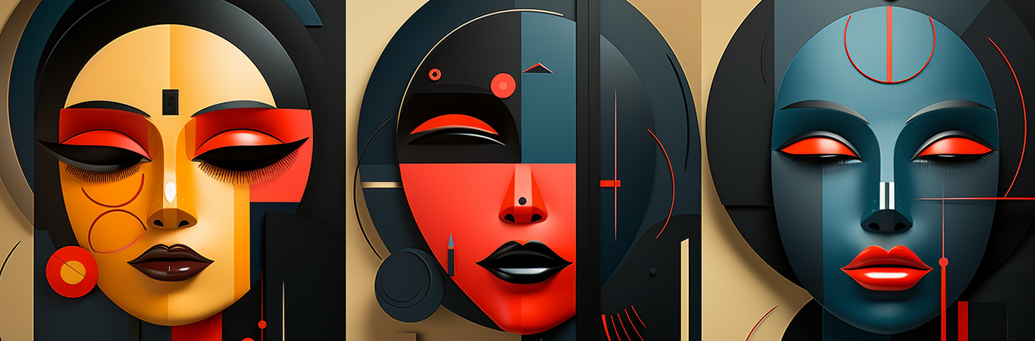 image generated with Midjourney by author. Minimalist illustration of three female masks representing wisdom, warriors, women.