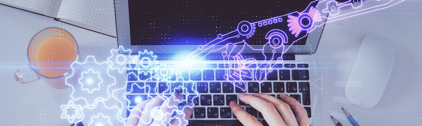 A person typing on their laptop, overlaid with illustration of robot arm touching gears